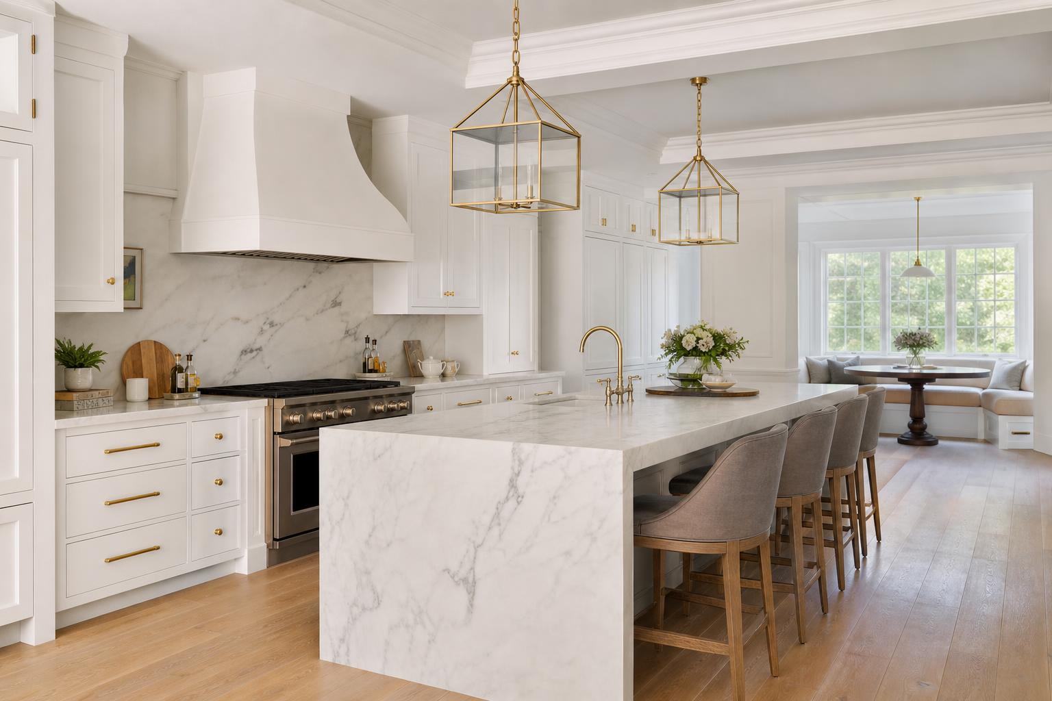 Luxury marble kitchen with brass fixtures and oak floors